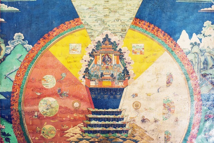 Một bức tranh tường về mạn đà la của vũ trụ tại Tu Viện Sera, Tây Tạng, 2015.